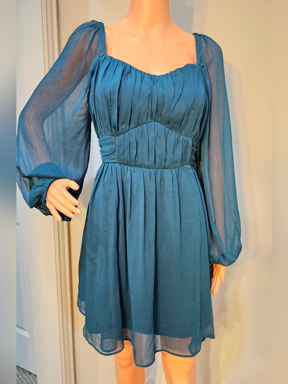 Express Teal Long-Sleeve Pleated Mini Dress
